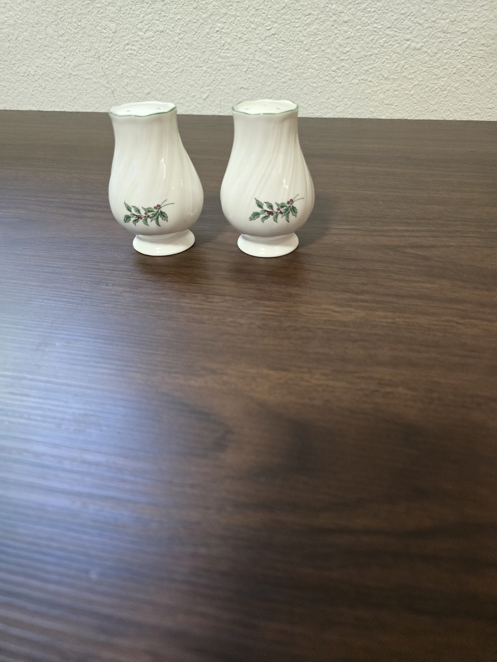 Vintage White Ceramic Salt and Pepper Shakers with Green Holly Accent